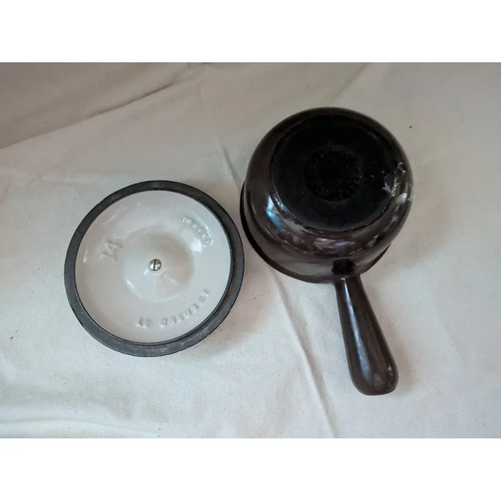 Vintage Le Creuset 14 Brown Cast Iron Enamel Sauce Pot Pan Lid France 5.5 In